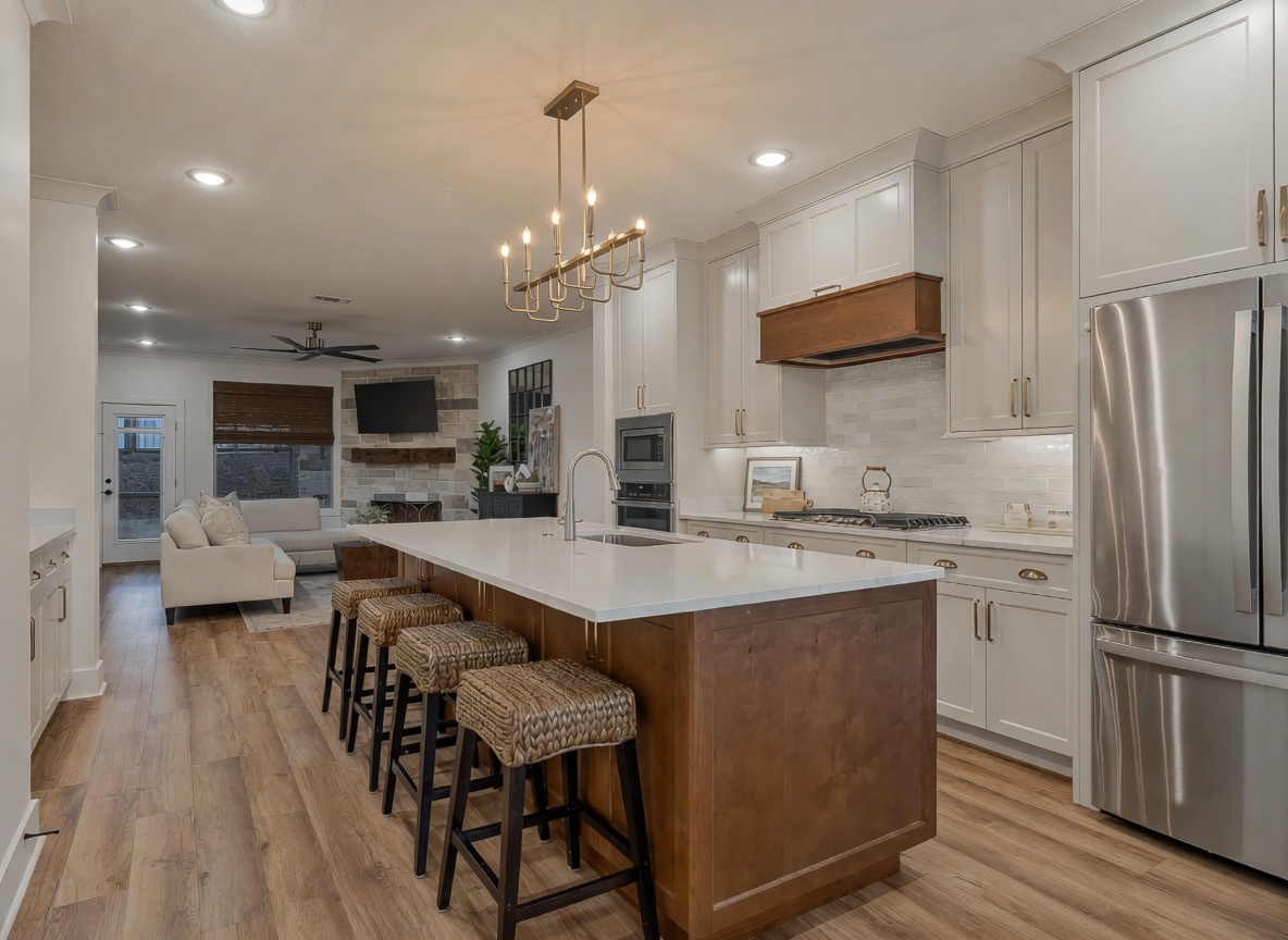 White kitchen with custom wood range hood