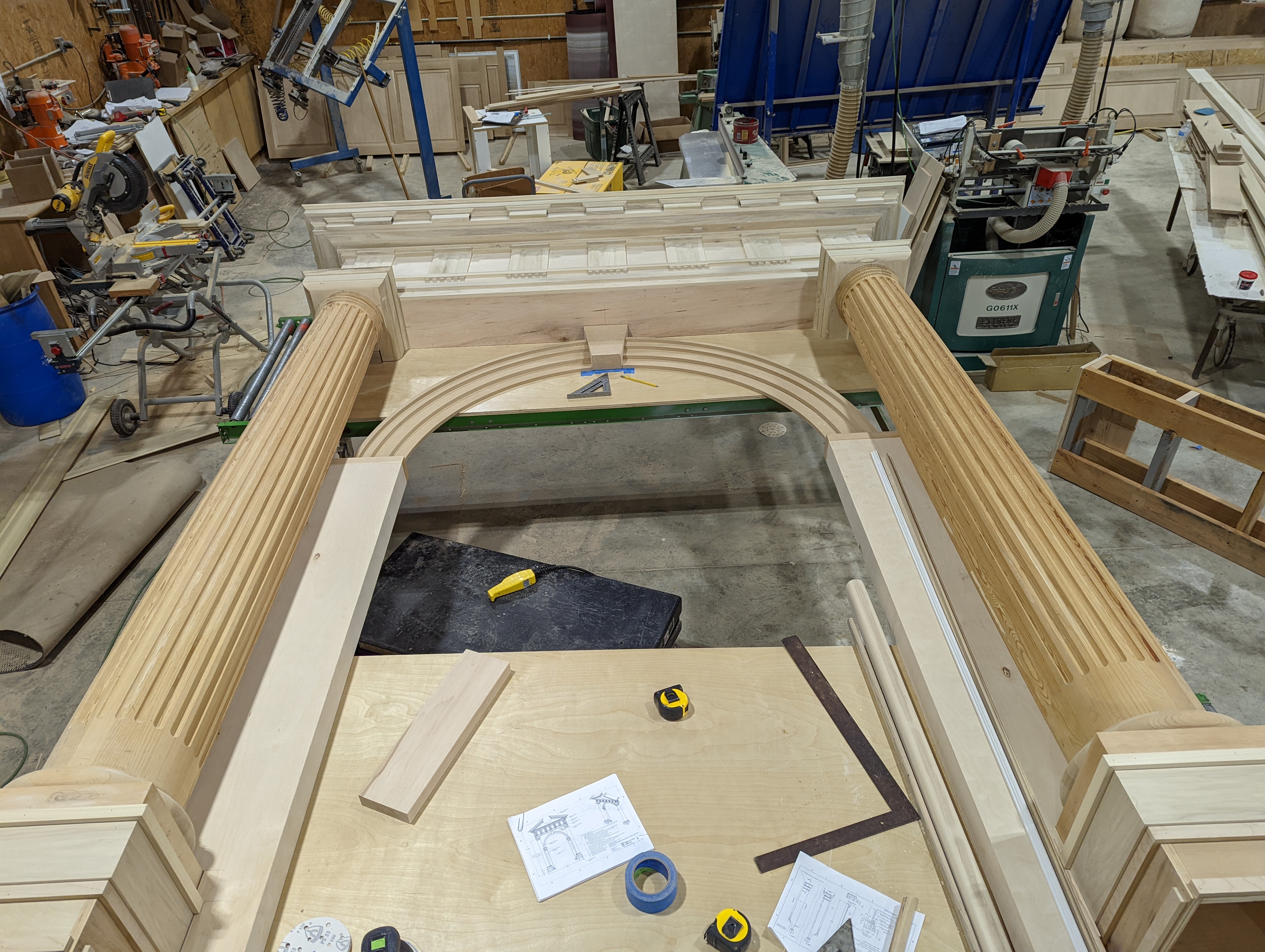 Pediment assembly in the Rogers Custom Millwork shop